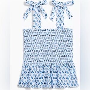 J.Crew Factory Blue Floral Print Smocked Tie Strap Top Size L